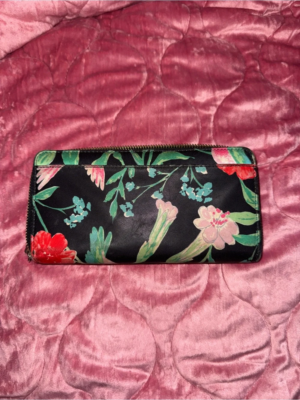kate spade Black Floral Hummingbird Zip Wallet with Green and Pink Accents